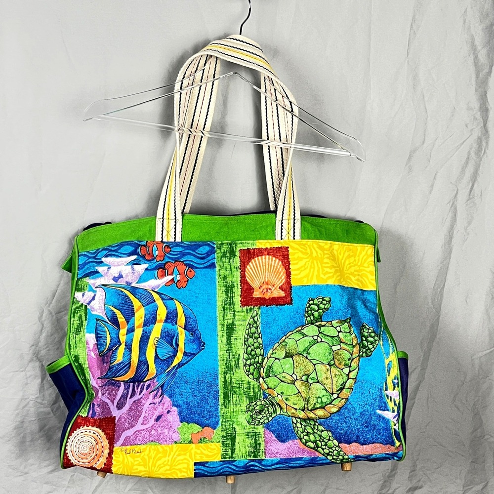Paul Brent Fantasea Tote Bag Womens Large Canvas Sequin Sea Turtle Fish Multi